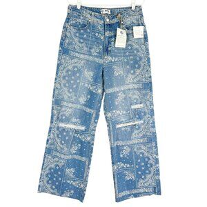 PTCL Ethical Clothing Women's Blue Paisley Bandana Print Jeans Sz 30 Raw Hem NWT